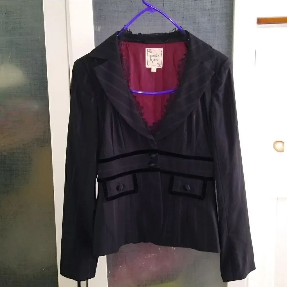 Nanette Lepore Sz 2 jacket black stripes, lace n velvet
